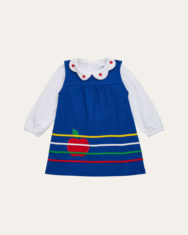 Girl's 2-Piece Embroidered Apple Blouse & Jumper Dress Set, Size 12M-6